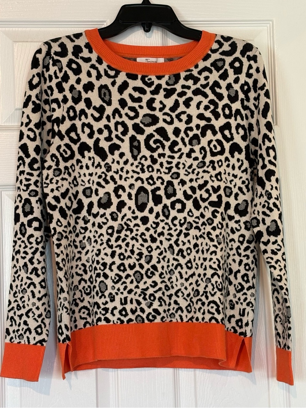 89th & Madison Leopard-Print Crewneck Sweater in Cream, Black & Orange